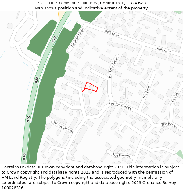 231, THE SYCAMORES, MILTON, CAMBRIDGE, CB24 6ZD: Location map and indicative extent of plot