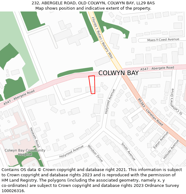 232, ABERGELE ROAD, OLD COLWYN, COLWYN BAY, LL29 8AS: Location map and indicative extent of plot