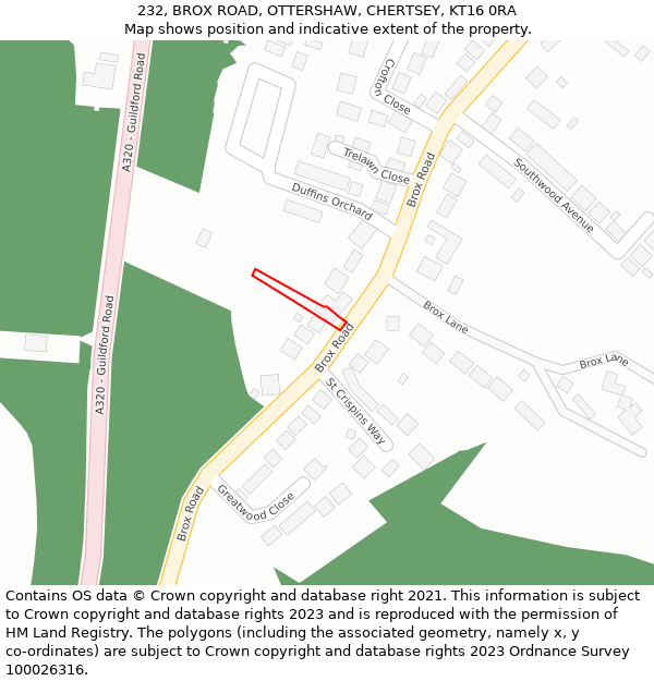 232, BROX ROAD, OTTERSHAW, CHERTSEY, KT16 0RA: Location map and indicative extent of plot