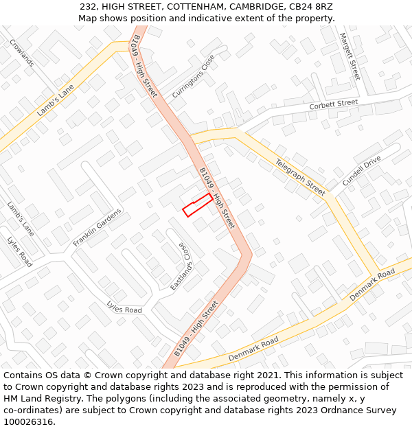232, HIGH STREET, COTTENHAM, CAMBRIDGE, CB24 8RZ: Location map and indicative extent of plot