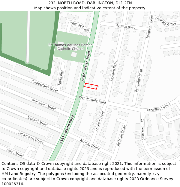 232, NORTH ROAD, DARLINGTON, DL1 2EN: Location map and indicative extent of plot