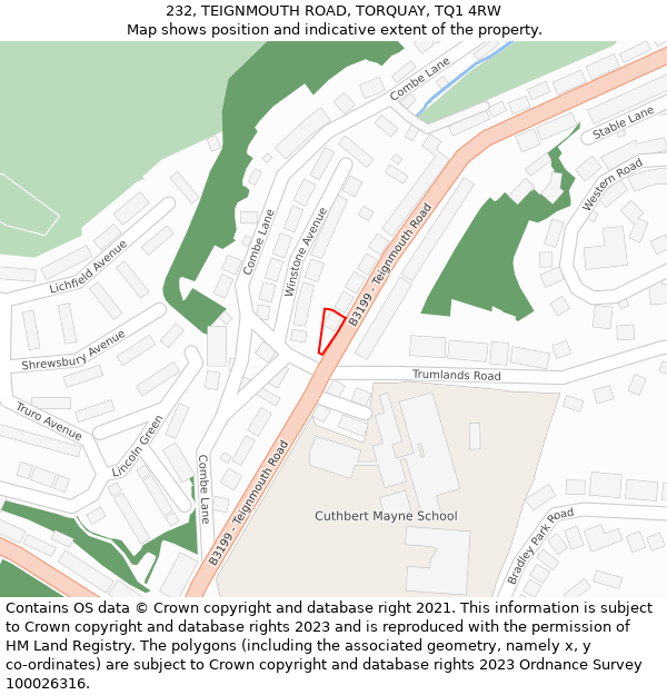 232, TEIGNMOUTH ROAD, TORQUAY, TQ1 4RW: Location map and indicative extent of plot