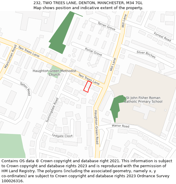 232, TWO TREES LANE, DENTON, MANCHESTER, M34 7GL: Location map and indicative extent of plot