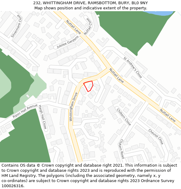 232, WHITTINGHAM DRIVE, RAMSBOTTOM, BURY, BL0 9NY: Location map and indicative extent of plot