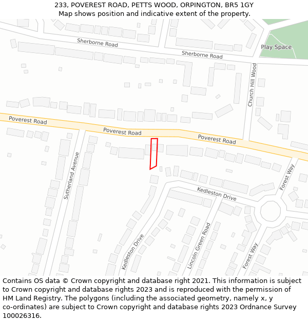 233, POVEREST ROAD, PETTS WOOD, ORPINGTON, BR5 1GY: Location map and indicative extent of plot