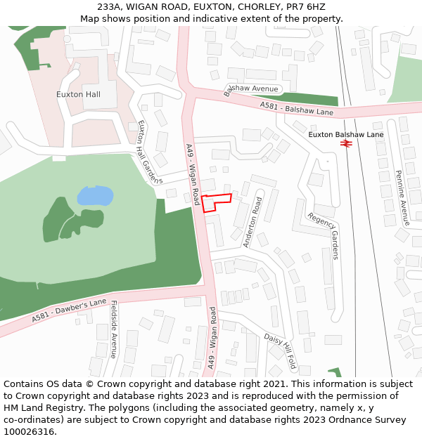 233A, WIGAN ROAD, EUXTON, CHORLEY, PR7 6HZ: Location map and indicative extent of plot