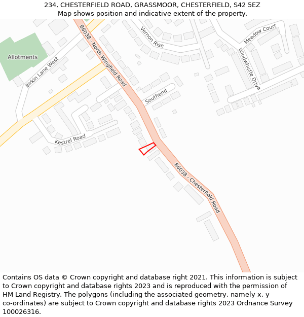 234, CHESTERFIELD ROAD, GRASSMOOR, CHESTERFIELD, S42 5EZ: Location map and indicative extent of plot
