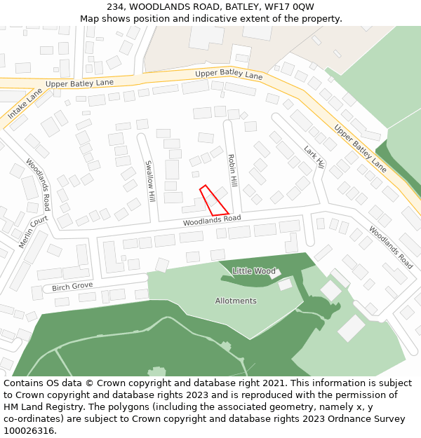 234, WOODLANDS ROAD, BATLEY, WF17 0QW: Location map and indicative extent of plot