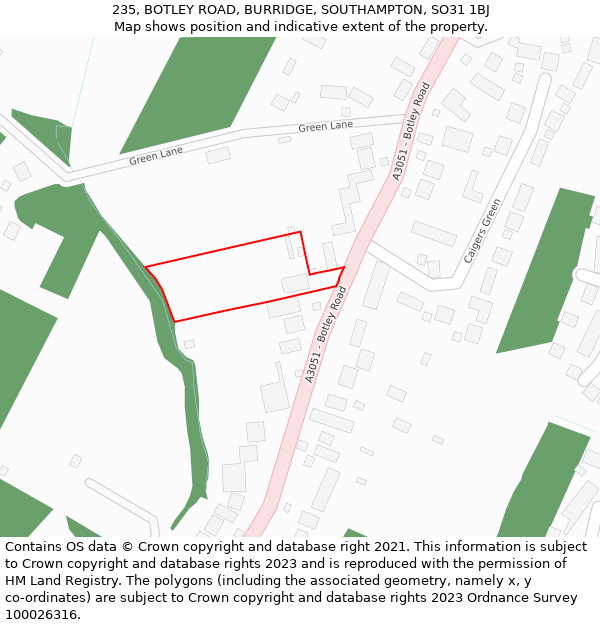 235, BOTLEY ROAD, BURRIDGE, SOUTHAMPTON, SO31 1BJ: Location map and indicative extent of plot