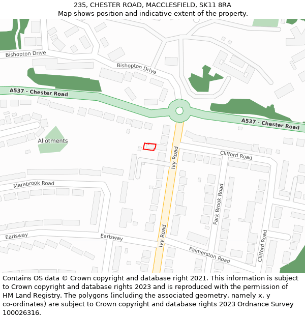 235, CHESTER ROAD, MACCLESFIELD, SK11 8RA: Location map and indicative extent of plot