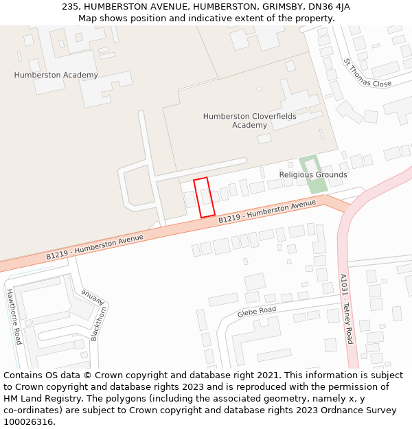 235, HUMBERSTON AVENUE, HUMBERSTON, GRIMSBY, DN36 4JA: Location map and indicative extent of plot