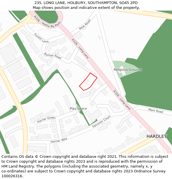 235, LONG LANE, HOLBURY, SOUTHAMPTON, SO45 2PD: Location map and indicative extent of plot