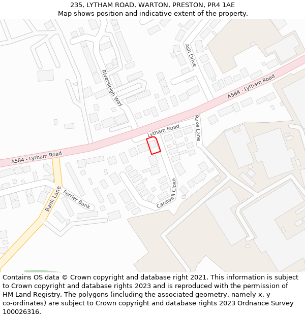 235, LYTHAM ROAD, WARTON, PRESTON, PR4 1AE: Location map and indicative extent of plot