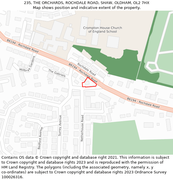 235, THE ORCHARDS, ROCHDALE ROAD, SHAW, OLDHAM, OL2 7HX: Location map and indicative extent of plot