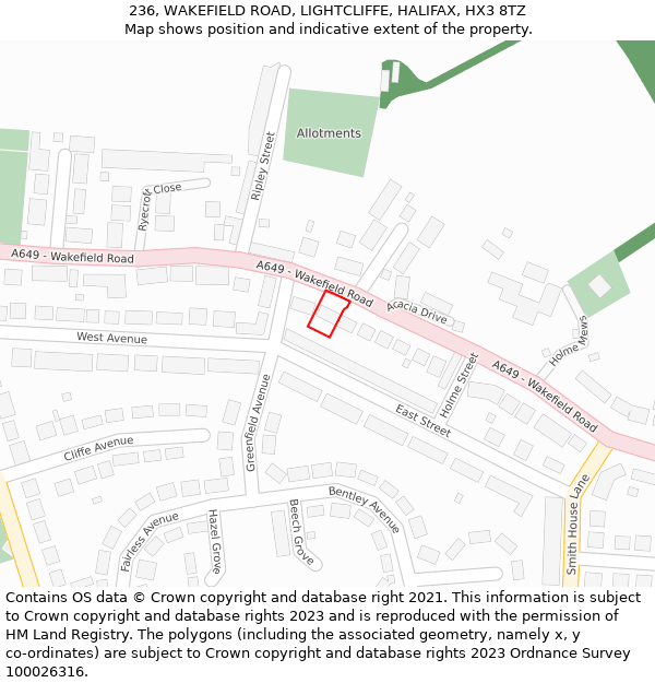 236, WAKEFIELD ROAD, LIGHTCLIFFE, HALIFAX, HX3 8TZ: Location map and indicative extent of plot