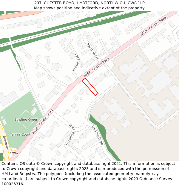 237, CHESTER ROAD, HARTFORD, NORTHWICH, CW8 1LP: Location map and indicative extent of plot