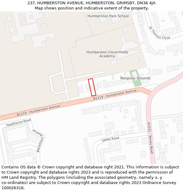 237, HUMBERSTON AVENUE, HUMBERSTON, GRIMSBY, DN36 4JA: Location map and indicative extent of plot