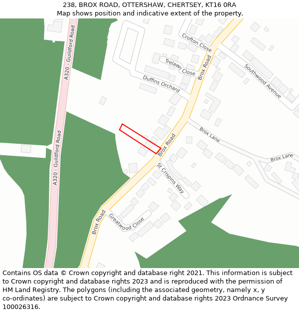 238, BROX ROAD, OTTERSHAW, CHERTSEY, KT16 0RA: Location map and indicative extent of plot