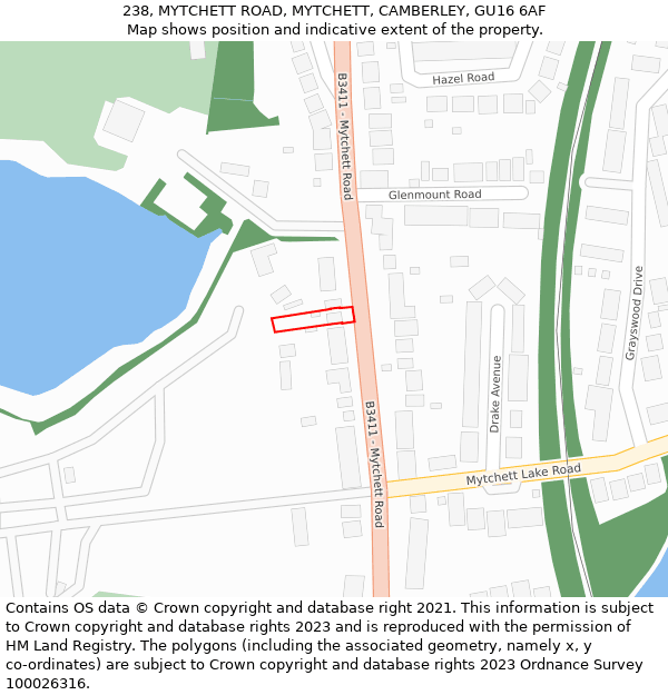 238, MYTCHETT ROAD, MYTCHETT, CAMBERLEY, GU16 6AF: Location map and indicative extent of plot