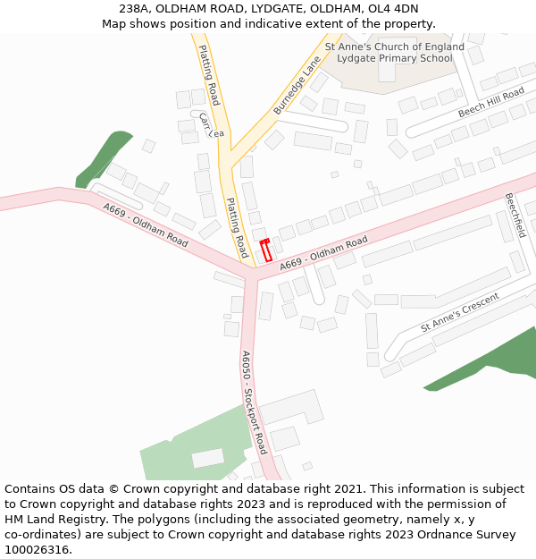 238A, OLDHAM ROAD, LYDGATE, OLDHAM, OL4 4DN: Location map and indicative extent of plot