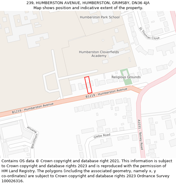 239, HUMBERSTON AVENUE, HUMBERSTON, GRIMSBY, DN36 4JA: Location map and indicative extent of plot