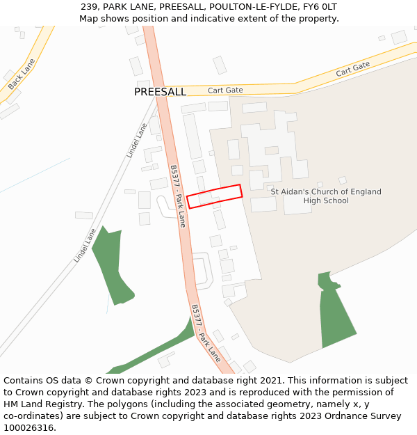 239, PARK LANE, PREESALL, POULTON-LE-FYLDE, FY6 0LT: Location map and indicative extent of plot