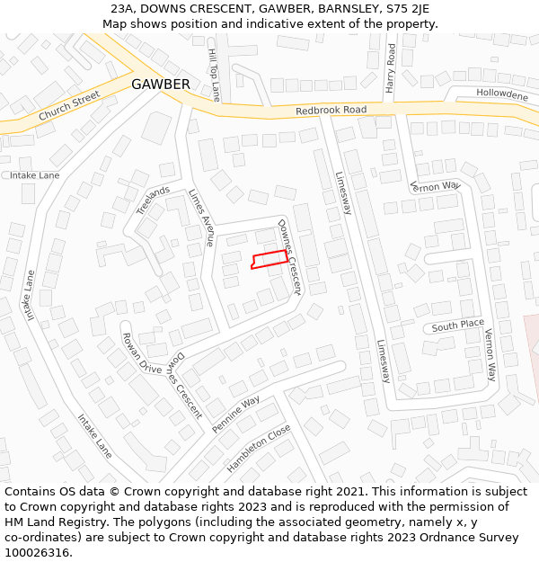 23A, DOWNS CRESCENT, GAWBER, BARNSLEY, S75 2JE: Location map and indicative extent of plot