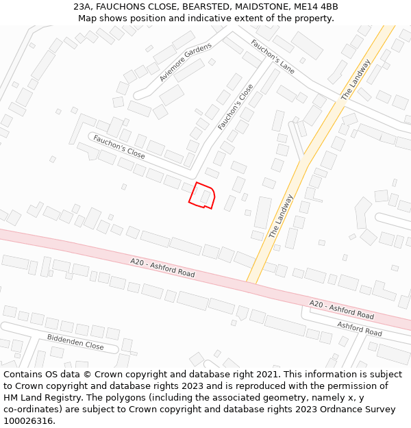 23A, FAUCHONS CLOSE, BEARSTED, MAIDSTONE, ME14 4BB: Location map and indicative extent of plot