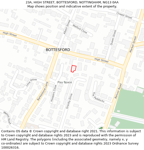 23A, HIGH STREET, BOTTESFORD, NOTTINGHAM, NG13 0AA: Location map and indicative extent of plot