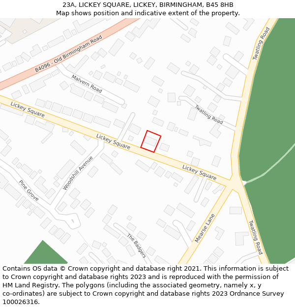 23A, LICKEY SQUARE, LICKEY, BIRMINGHAM, B45 8HB: Location map and indicative extent of plot