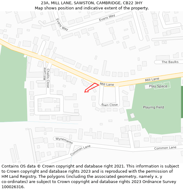 23A, MILL LANE, SAWSTON, CAMBRIDGE, CB22 3HY: Location map and indicative extent of plot