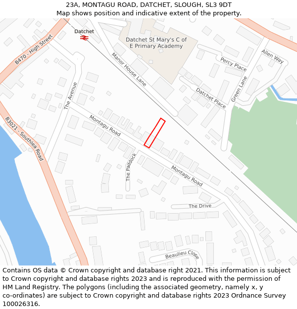 23A, MONTAGU ROAD, DATCHET, SLOUGH, SL3 9DT: Location map and indicative extent of plot