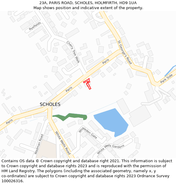 23A, PARIS ROAD, SCHOLES, HOLMFIRTH, HD9 1UA: Location map and indicative extent of plot