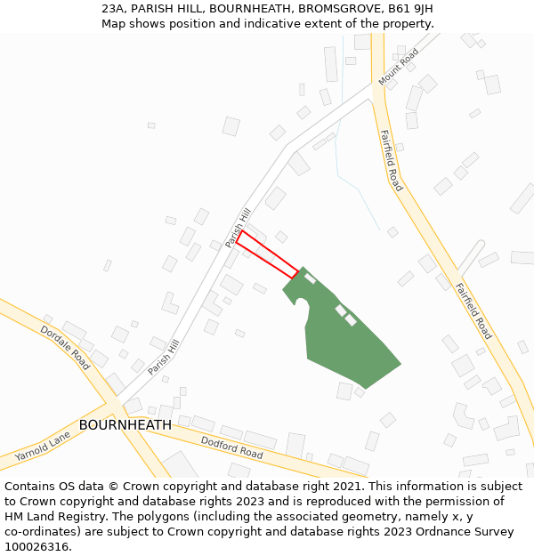 23A, PARISH HILL, BOURNHEATH, BROMSGROVE, B61 9JH: Location map and indicative extent of plot