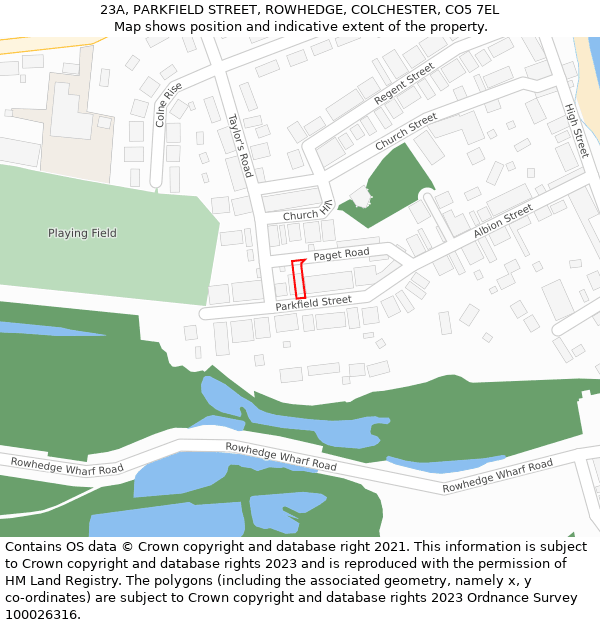 23A, PARKFIELD STREET, ROWHEDGE, COLCHESTER, CO5 7EL: Location map and indicative extent of plot