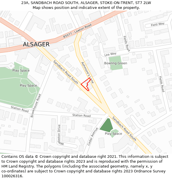 23A, SANDBACH ROAD SOUTH, ALSAGER, STOKE-ON-TRENT, ST7 2LW: Location map and indicative extent of plot