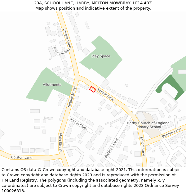 23A, SCHOOL LANE, HARBY, MELTON MOWBRAY, LE14 4BZ: Location map and indicative extent of plot
