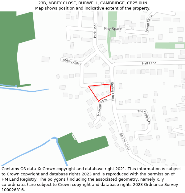 23B, ABBEY CLOSE, BURWELL, CAMBRIDGE, CB25 0HN: Location map and indicative extent of plot