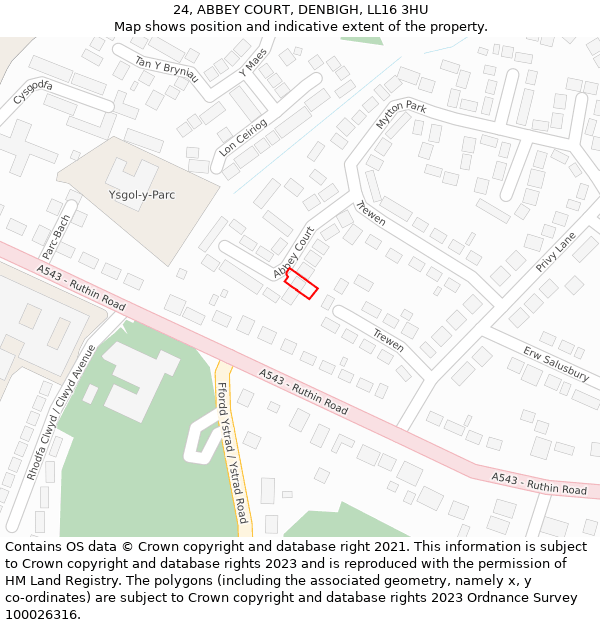 24, ABBEY COURT, DENBIGH, LL16 3HU: Location map and indicative extent of plot