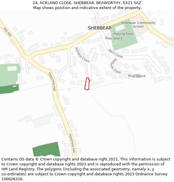 24, ACKLAND CLOSE, SHEBBEAR, BEAWORTHY, EX21 5AZ: Location map and indicative extent of plot