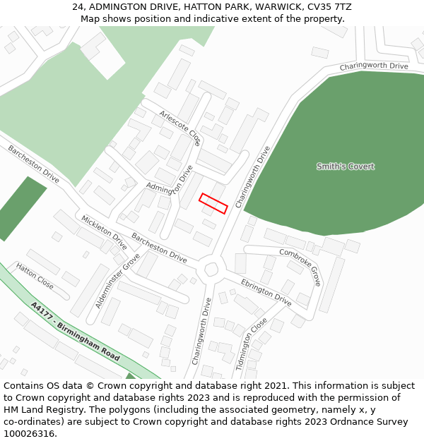 24, ADMINGTON DRIVE, HATTON PARK, WARWICK, CV35 7TZ: Location map and indicative extent of plot