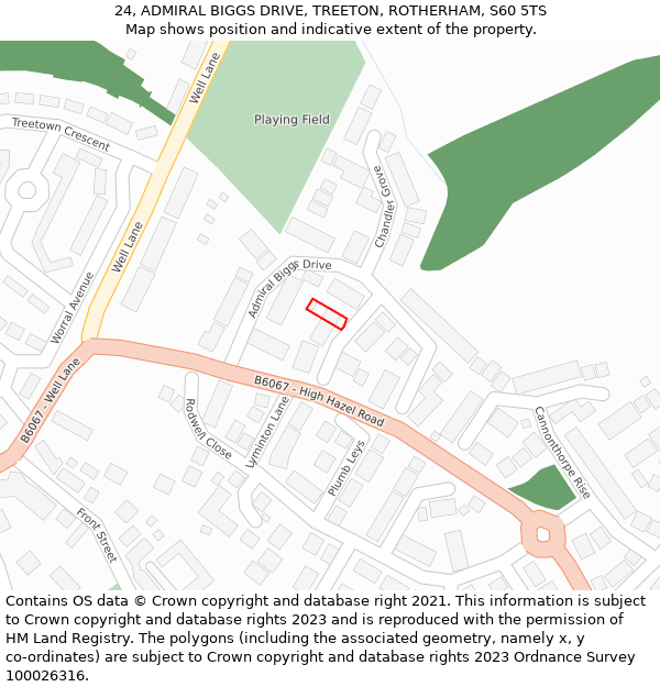 24, ADMIRAL BIGGS DRIVE, TREETON, ROTHERHAM, S60 5TS: Location map and indicative extent of plot