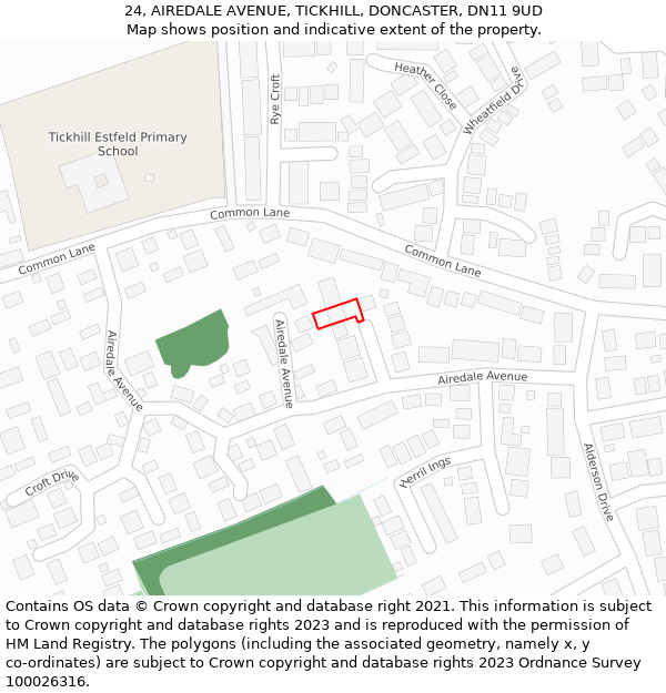 24, AIREDALE AVENUE, TICKHILL, DONCASTER, DN11 9UD: Location map and indicative extent of plot