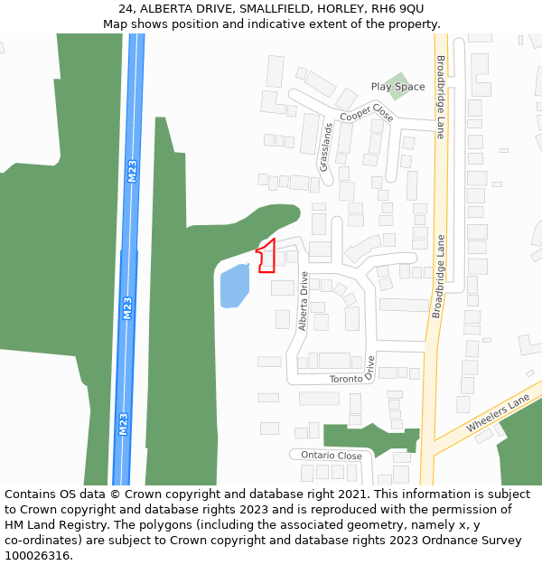 24, ALBERTA DRIVE, SMALLFIELD, HORLEY, RH6 9QU: Location map and indicative extent of plot
