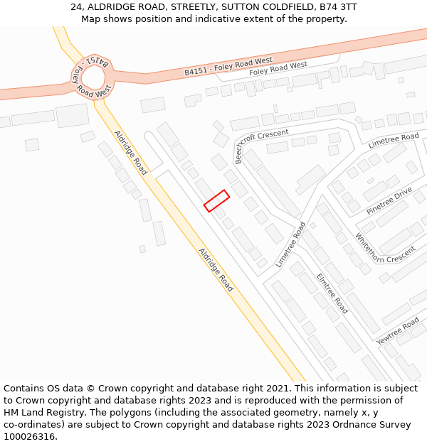 24, ALDRIDGE ROAD, STREETLY, SUTTON COLDFIELD, B74 3TT: Location map and indicative extent of plot