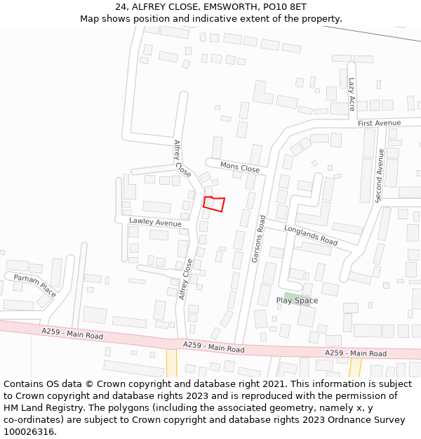 24, ALFREY CLOSE, EMSWORTH, PO10 8ET: Location map and indicative extent of plot