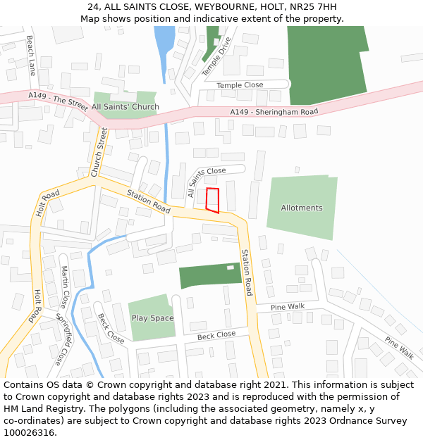 24, ALL SAINTS CLOSE, WEYBOURNE, HOLT, NR25 7HH: Location map and indicative extent of plot