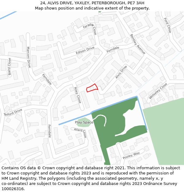 24, ALVIS DRIVE, YAXLEY, PETERBOROUGH, PE7 3AH: Location map and indicative extent of plot