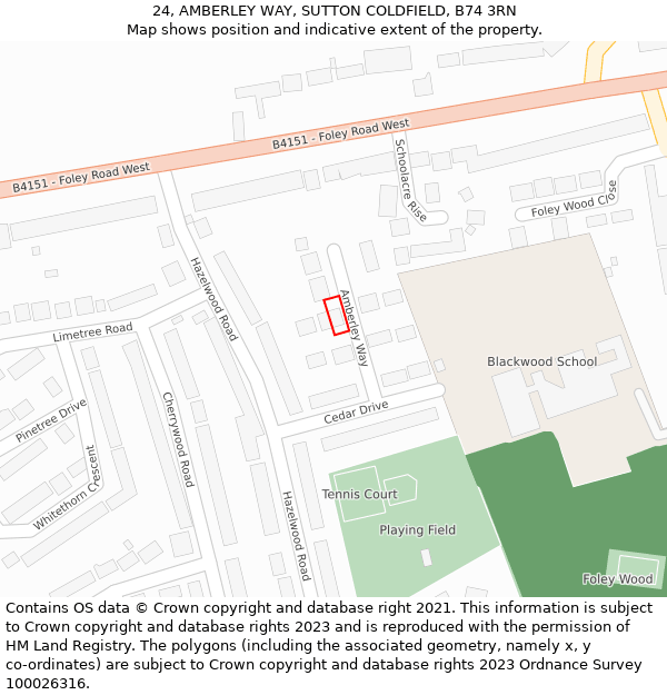 24, AMBERLEY WAY, SUTTON COLDFIELD, B74 3RN: Location map and indicative extent of plot