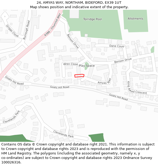 24, AMYAS WAY, NORTHAM, BIDEFORD, EX39 1UT: Location map and indicative extent of plot